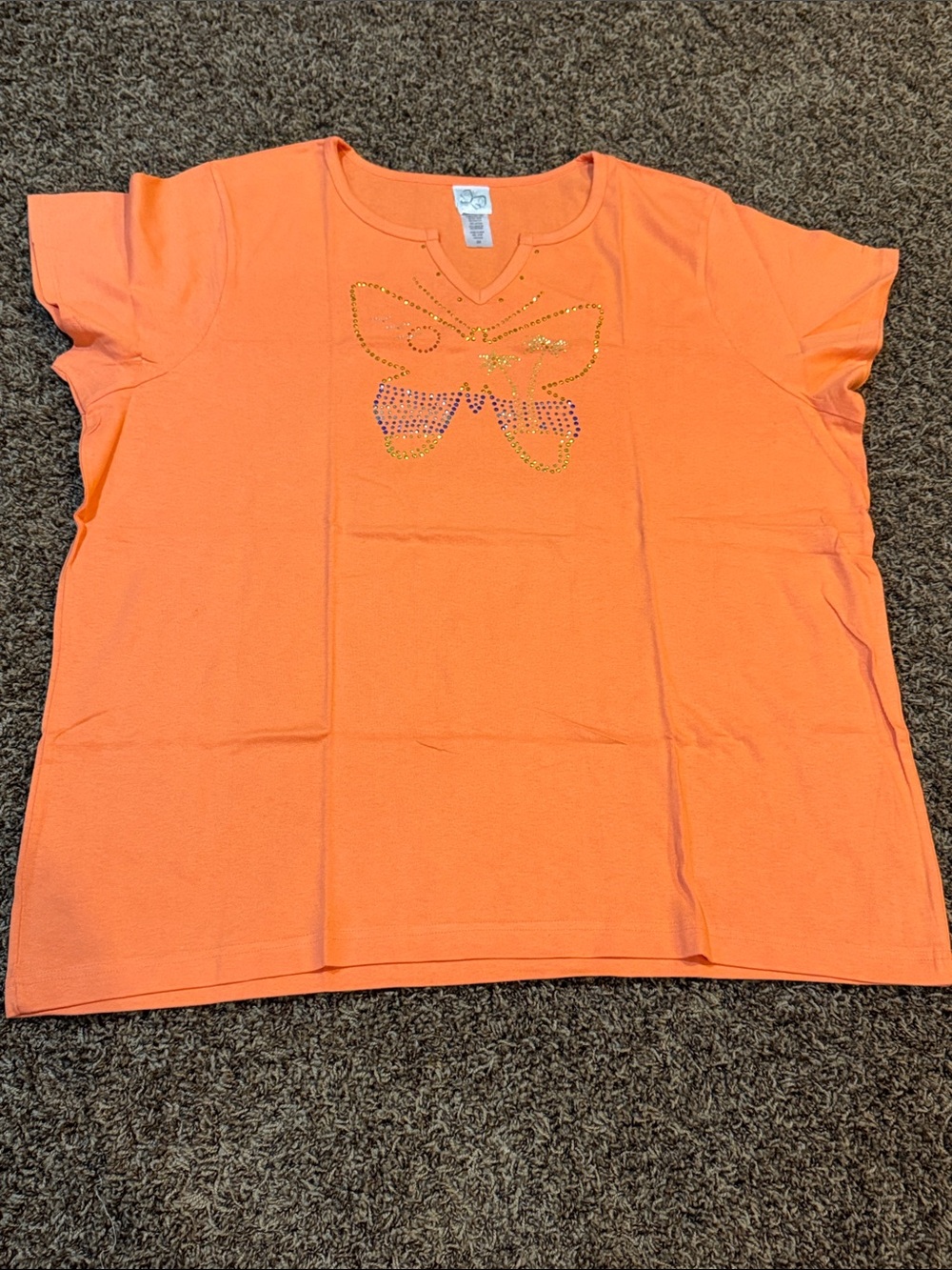 Fashion Bug Orange Women’s Short Sleeve Tee with Rhinestone Butterfly